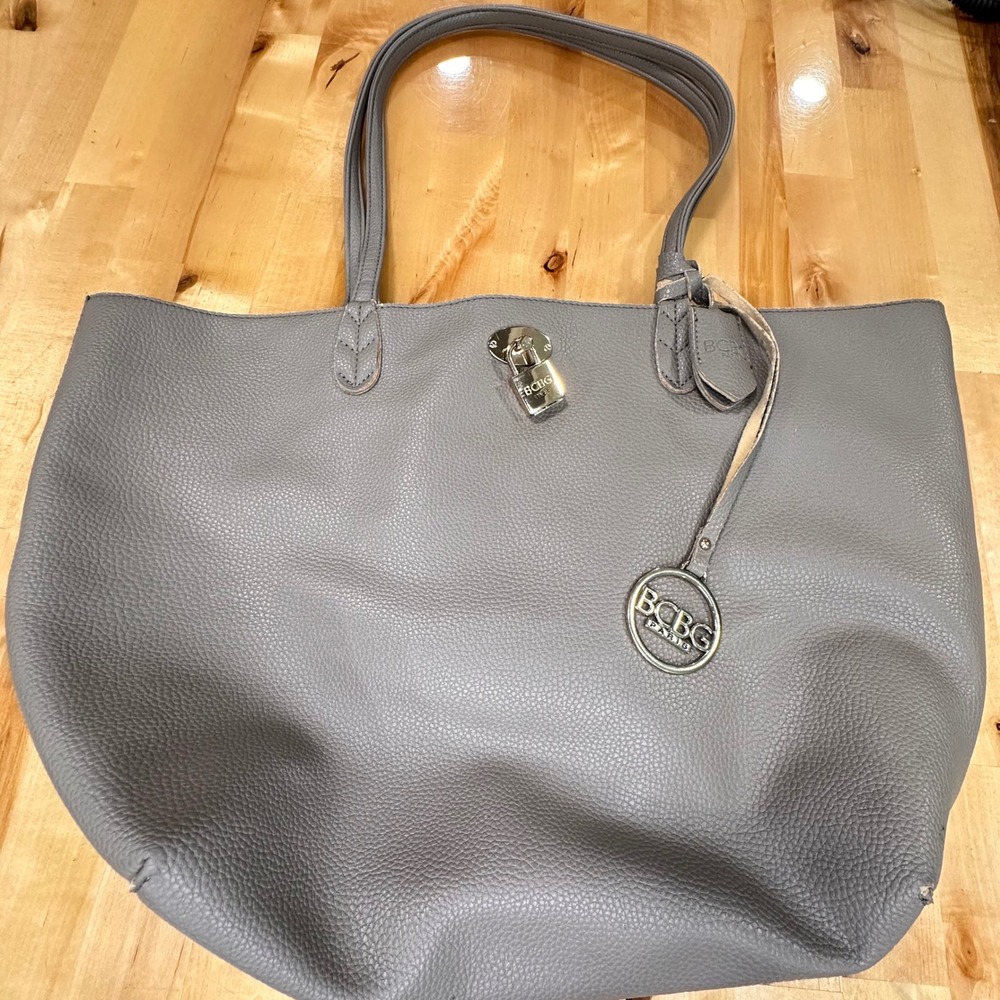 BCBG Paris Tote Bag Women Large Grey Pebbled Faux Leather Lock Charm